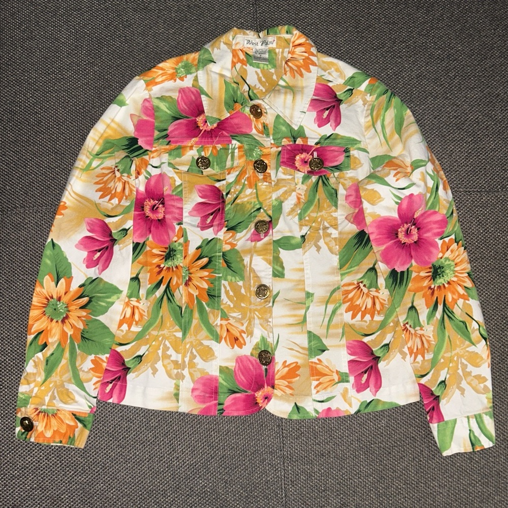 Rare 90s Floral Button-Up Denim Bomber Jacket